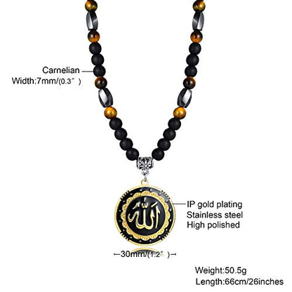 MEALGUET Allah Medallion Necklace, Stainless Steel Islamic Jewelry,Arabic Jewelry,Allah Name of God Round Pendant Necklace for Women and Men with Agate Beaded Chain, Muslim Gift Jewelry, Gift - style: Gold Plated-gemstone necklace