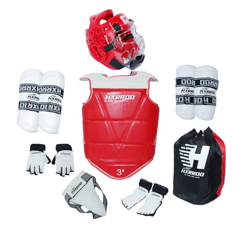 Taekwondo Sparring Gear Set, Head Gear Chest Guard Arm Shin Guard Groin Protective Gear Set for Children Teen Adult - color: red, size: 4#
