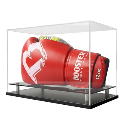Boxing Glove Display Case,Self-Assembly Acrylic Display case for Full Size Boxing Glove,Baseball Glove Display Case Holder Showcase.Baseball Mitt Ball Football,Clear Case Black Base Riser Stand - size: 13x8.7x8.7 inch