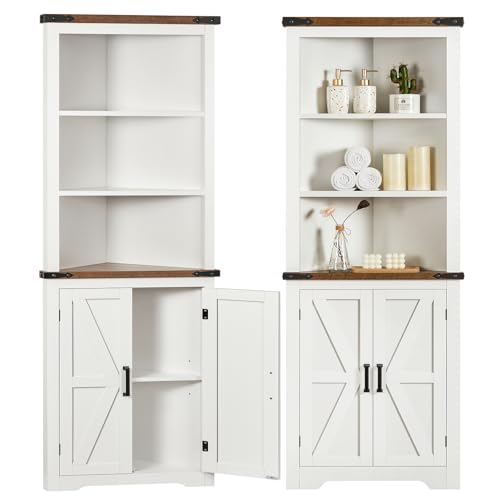 Farmhouse Corner Cabinet, 70" H Tall Corner Hutch with 5 Shelves & 2 Barn Doors, Bathroom Cabinet with Adjustable Shelf, for Living Room, Kitchen, Bathroom, White - color: White +Open Shelf