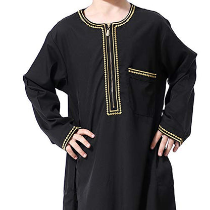 XINNI Arabic Thobe Muslim Thobe Long Sleeve Kaftan Crew Collar Robe with Zipper for Boy - color: Black, size: 4-5T
