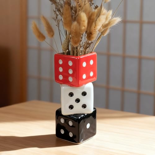 Triple Dice Ceramic Vase, Wide Mouth Decor Vase for Pampas Grass & Blooms - color: Red, White and Black Dice Vase