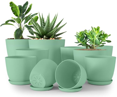 Plant Pots Indoor with Drainage, 10 Pack Multi-Size Planters Set, Mint | Drainage holes included Multiple sizes 7/6.6/6/5.3/4.8 In Indoor plants and flowers Durable plastic construction - color: Mint, size: Pack of 10