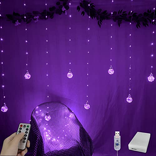 YOLIGHT Wishing Ball Curtain Lights 200 LED Window Curtain String Lights with Remote, USB Battery Powered Twinkle Globe Fairy Lights for Wedding Party Bedroom Halloween Christmas Decoration (Purple) - color: Purple
