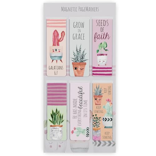 Christian Art Gifts Magnetic Scripture Bookmark Set for Women: Grow in Grace -2 Peter 3:18 Inspirational Succulent Garden Magnetic Bible Verse Pagemarker Set of 6 for Bibles and Books Size 2.3” x 0.8” - color: Cheerful Cactus Plants