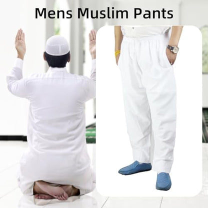 HEEPDD Men Muslim Prayer Pants, Cotton Loose Afghan Trousers with Elastic Waistband, White, XL - size: 46