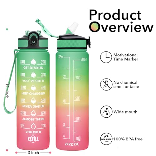 Hyeta Water Bottle with Straw & Time Marker, Plastic 32oz Leakproof | Motivational Tritan BPA Free Gym Office Outdoor Intake Tracker Hourly Reminder Straw Lid Carry Strap - color: Signal Lights
