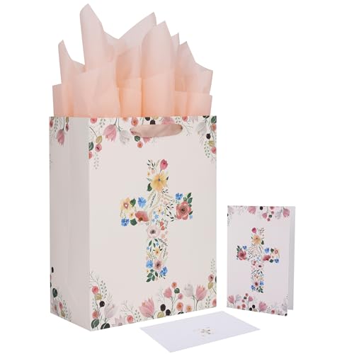 Qirrmiy 13" Large Light Yellow Floral Gift Bag Set with Greeting Card and Tissue Papers for First Communions, Baby Girl Baptisms, Christenings, Religious Occasions - 10.2'x5.2'x13', 1 Pcs. - color: (13'' Large)Light Yellow
