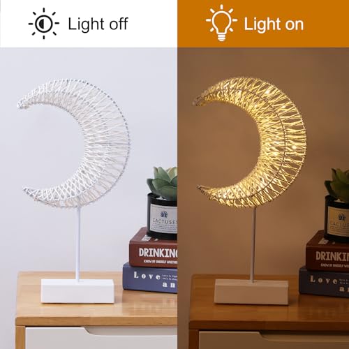 Lewondr Ramadan Decorations Moon Table Lamp, Moon Shape Rattan Ramadan Desk Lamp Battery Powered Light, Winding Thread LED Crescent Light for Home Bedroom Bedside Desktop Eid Mubarak Decorations - style: Warm White Moon