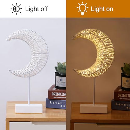 Lewondr Ramadan Decorations Moon Table Lamp, Moon Shape Rattan Ramadan Desk Lamp Battery Powered Light, Winding Thread LED Crescent Light for Home Bedroom Bedside Desktop Eid Mubarak Decorations - style: Warm White Moon