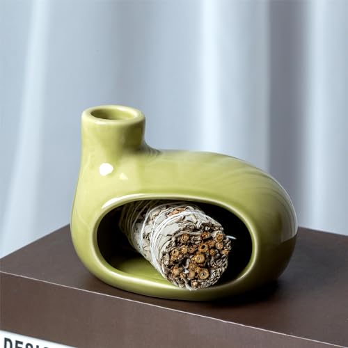 MOUGIGI Palo Santo Holder Burner - Modern Chiminea Incense Dish for Palo Santo Sticks and Cones - Ceramic Meditation Gift with Natural Polished Surface - Perfect for Yoga, Aromatherapy - color: Glazed Ceramics - Emerald Green