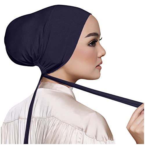 Chiffon Hijab with Undercap Fashion Solid Color Chiffon Head Wraps Under Scarf Caps Muslim Fashion Bandage - color: Dark Blue