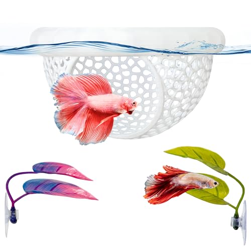 3-in-1 Floating Betta Hammock Cave & Betta Leaf Pad with Shrimp Feeder - 3D Printed Aquarium Decor, Feeding Ring, Hideout & 2 Resting Leaf Pads for Beta, Shrimp & Small Fish，3PCS