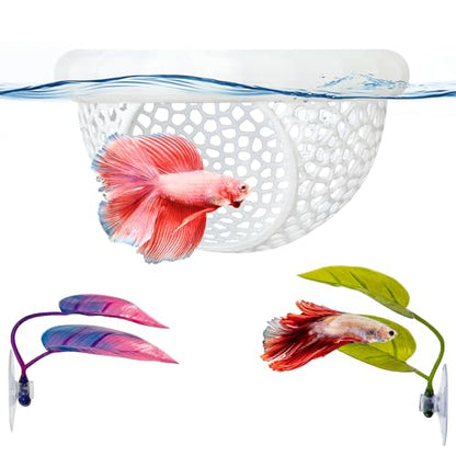 3-in-1 Floating Betta Hammock Cave & Betta Leaf Pad with Shrimp Feeder - 3D Printed Aquarium Decor, Feeding Ring, Hideout & 2 Resting Leaf Pads for Beta, Shrimp & Small Fish，3PCS