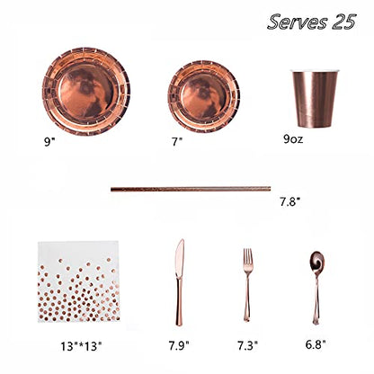 200 Pieces Solid Rose Gold Party Supplies - Rose Gold Paper Plates & Napkins Cups Silverware Serves 25 Sets for Wedding Bridal Shower Engagement Birthday Parties (Rose gold) - color: Rose Gold