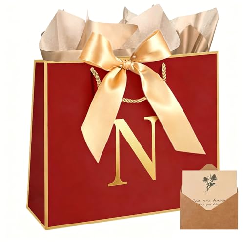Personalized Gift Bag with Card and Tissue Paper, 26 Letters Birthday Gift Bag 13'' Custom Valentines Weddings Present with Initials/Numbers for Women Men Kids (Red,N) - color: Red, size: N