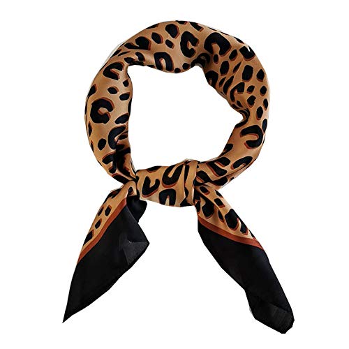 FONYVE Silk Feeling Scarf Medium Square Satin Head Scarf for Women 27.5 × 27.5 inches - color: 02 Leopard Black Brown