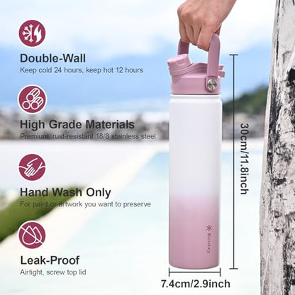 KEWIXY 24 oz Insulated Water Bottle, 2-in-1 Lid, Straw & Spout with Protected, Leak Proof, Keep Cold, Stainless Steel, Metal, Reusable, Handle, for Travel, Gym and School, 2 Lids, Iced Plum - color: Iced Plum, size: 24 Ounces