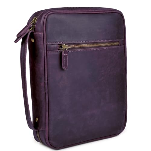 LEATHER VILLAGE Large Leather Bible Cover with Carry Handle & Zipper Purple | Bible Case Fits Standard, Large & Study Bibles up to 10.5 x 8 x 2.5 In, Ideal for men, women, Church & Travel, Handmade