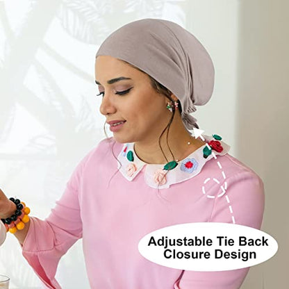PHOGARY 4 Pcs Women Hijab Undercap, Islamic Muslim Under Hijab Cap Inner Under Scarf Hat Turban with Tie Back Closure - color: Black, White, Beige, Khaki