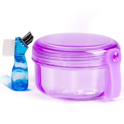 Leak Proof Purple Denture Cups for Soaking Dentures, Partial Denture Bath Case Travel Retainer Cleaning Container Case with Brush for Aligner, Denture, Mouth Guard - color: Transparent Purple