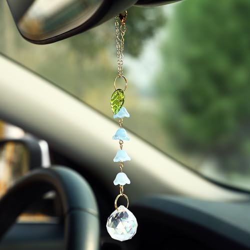 Car Rear View Mirror Accessories Cute Hanging Ornament Blue Lily of The Valley Boho Rearview Decor Charm Handmade Glass Ball Beads Flower Swinging Interior Decor for Women Men - color: Blue Lily