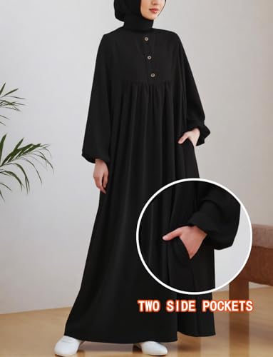 Womens Abaya Muslim Prayer 2 Pockets Long Sleeve Front Button Maxi Dresses Casual Islamic Clothes - color: Black, size: Large
