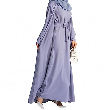 2PCS Women's Muslim Dresses Abaya Islamic Dubai Prayer Dress Robe Long Cardigan Maxi Dress - color: Purple, size: Medium