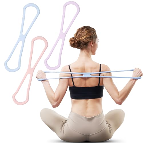 Keep 3-Pack Figure 8 Resistance Bands - 15 lbs Stretch Exercise Cords for Arm Toning, Yoga & Pilates - Durable Non-Slip Fitness Bands Set for Women & Men (15 lbs Pink/Purple/Blue)