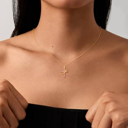 Robaice Upgraded Crown Cross Necklace for Women, 14K Gold Plated - color: M10 Tourmaline Pink, Oct