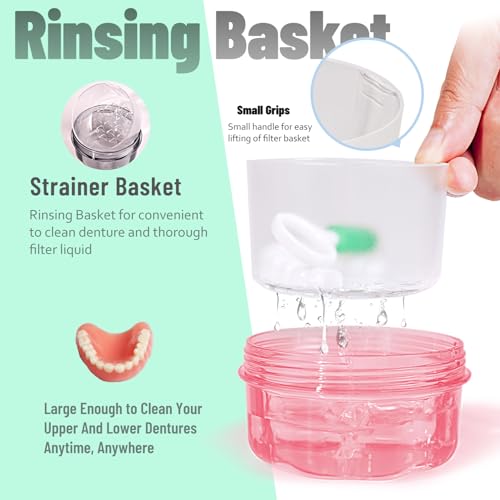 No Leak Non-Slip Denture Case with Strainer & Brush, for Retainer & False Teeth, Dishwasher Safe, Transparent Pink - color: Transparent Pink