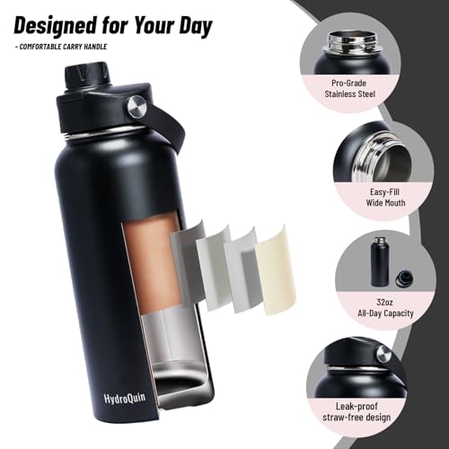 32 oz Insulated Water Bottle Matte Black Stainless Steel Flask | Keep Cold 24 Hours Hot 12 Hours - Leakproof Twist Spout Lid & Flex Handle - No Straw Metal Water Bottle for Gym & Sport - color: Obsidian Black