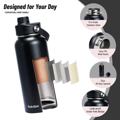 32 oz Insulated Water Bottle Matte Black Stainless Steel Flask | Keep Cold 24 Hours Hot 12 Hours - Leakproof Twist Spout Lid & Flex Handle - No Straw Metal Water Bottle for Gym & Sport - color: Obsidian Black