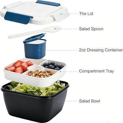5-in-1 Lunch Boxes Salad Bowl Set with Lid, Compartment Tray, Salad Spoon, and 2oz Dressing Container – Portable Bento-Style Lunch Container for Meal Prep, Work, Travel, and Picnic