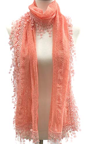 Cindy & Wendy Lightweight Soft Leaf Lace Fringe Scarf Bridal Shawl for Women - color: Peach Pink1