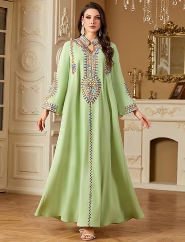 ABEWIP Muslim Dresses for Women Ramadan Kimono Long Sleeve Embroidered Islamic Prayer Dress Turkey Dubai Eid Abaya Kaftan - color: Green, size: X-Large