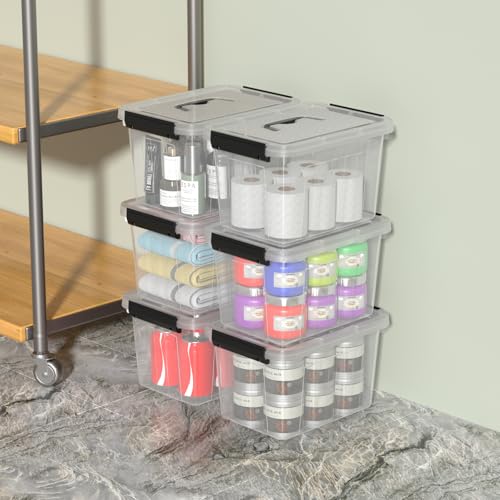 Kekow 6 L Clear Storage Box, Plastic Storage Latch Box with Black Handle, 4-Pack - size: 6 L