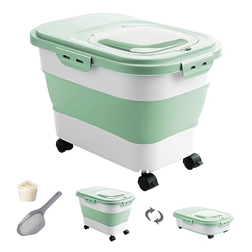 20-30 Lbs Rice Storage Container,Collapsible Food Storage Container | Flour Storage Container with Wheels Airtight Locking Lid,Cat Food Container Double Seal,Keep Fresh for Pet Food,Rice,Flour - color: Light Green/20-30LBS