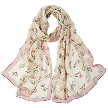 E-Clover Women Soft Floral Print Shawl Chiffon Sheer Scarf - color: Beige Pink Floral
