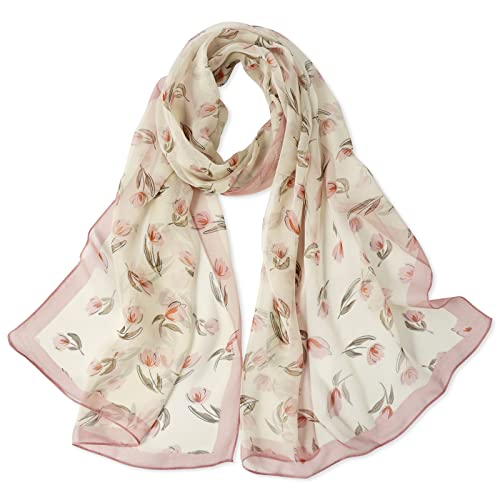 E-Clover Women Soft Floral Print Shawl Chiffon Sheer Scarf - color: Beige Pink Floral