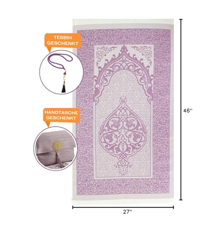 Prien Muslim Prayer Rug with Tasbih and Portable Bag, Muslim Gift for Women Men, Mubarak Islamic Box, Soft Mat Islam Gifts Set, Turkish Sajadah for Ramadan, Eid, Hajj, Travel, Pray (Lilac) - color: Lilac