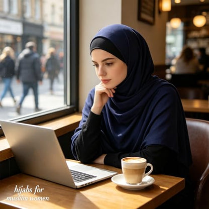 Hijab Scarf for Women, 3PCS Set with Undercap and Hijab Clip Lightweight Modal Muslim Head Wrap Scarf for Daily - color: Sy5-navy Hijab+black Undercap