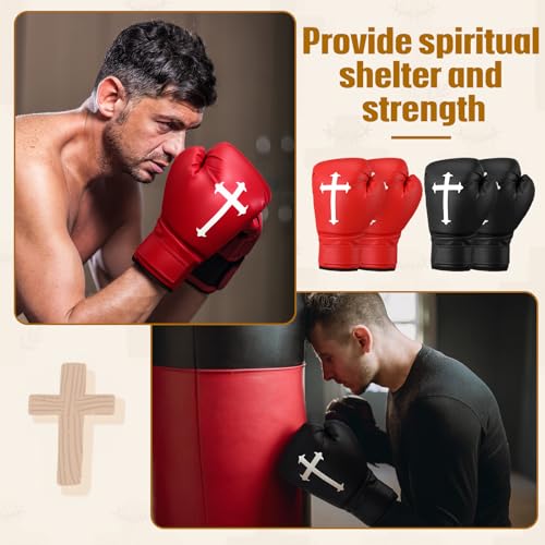 2 Pairs 12 oz Christian Boxing Gloves for Men & Women Cross Religious Boxing Gloves for Beginners & Kids Red Black Lightweight Shockproof Mitts for Training & Practice