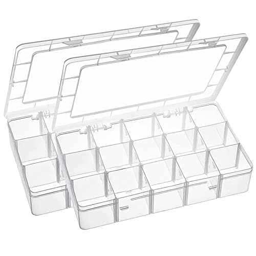 Exptolii 15 Large Grids Plastic Organizer Box with Dividers, 2 Pack Clear Compartment Container Storage for Washi Tapes Beads Crafts Jewelry Fishing Tackles, Size 11 x 6.3 x 2.2 in - size: 2x Large 15 Grids