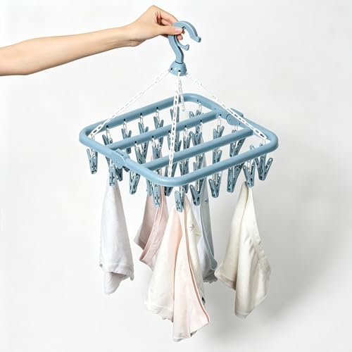 SteelFever Clothes Drying Hanger with 32 Clips, Foldable Hanging Drying Rack for Clothes Underwear Socks (Nordic Blue) - color: Nordic Blue