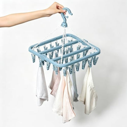 SteelFever Clothes Drying Hanger with 32 Clips, Foldable Hanging Drying Rack for Clothes Underwear Socks (Nordic Blue) - color: Nordic Blue