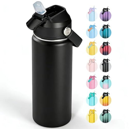 Fijinhom 18oz Insulated Stainless Steel Water Bottle, Wide Mouth Double Wall Vacuum, Silicone Straw, Sweat & Leak Proof, BPA Free Insulated Water Flask for Travel, Keep Cold 24h Hot 12h, Black - color: Black, size: 18 Ounces