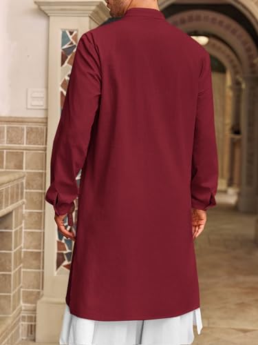 Runcati Mens Kaftan Thobe Button Down Henley Shirts Robe Long Sleeve Casual Cotton Linen Muslim Gown Shirt - color: Wine Red, size: Large