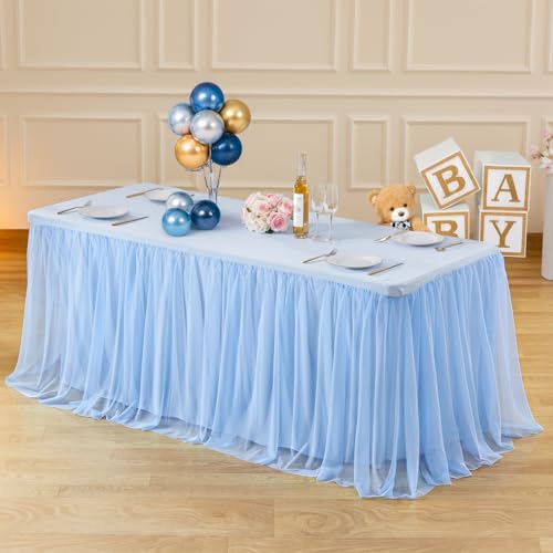 6ft Baby Blue Tulle Tablecloths for Rectangle Tables Light Blue Table Cloths Rectangle Wrinkle Free Stretch 6 Foot Table Cover with Tutu Skirt for Baby Shower Boy Birthday Party Banquet Buffet Cake - color: Baby Blue, size: 72" x 30" (6FT - 1 Pack)