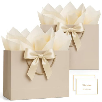 ANZNKU 2PCS Gift Bags Medium with Handles 4 Tissue Paper 2 Ribbons 2 Cards, Gift Wrap Bags for Women Wedding Bridal Baby Shower Birthday Graduation Engagement Presents Party Favors (Champagne Beige) - color: Champagne Beige